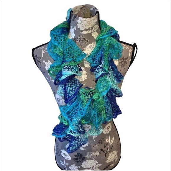 Handmade Teal & Green Crocheted Ruffle Scarf - Picture 1 of 2